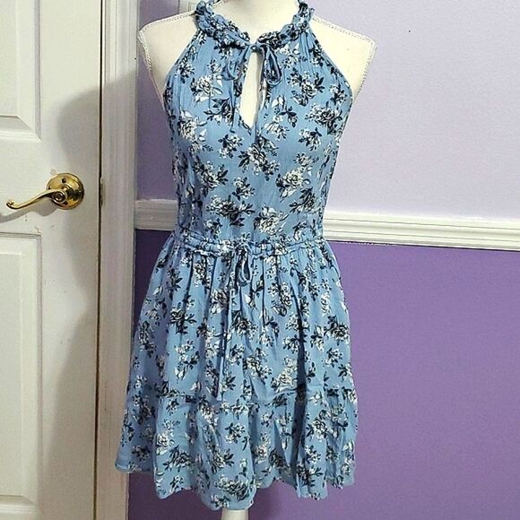 Band of Gypsies Blue Floral Boho Romantic Ruffly Tiered Mini Dress - Picture 1 of 12